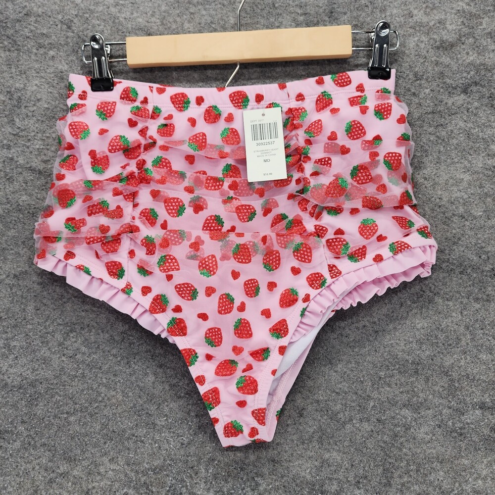 Hot Topic Bikini Bottom Womens Medium High Waist Pink Strawberry Heart